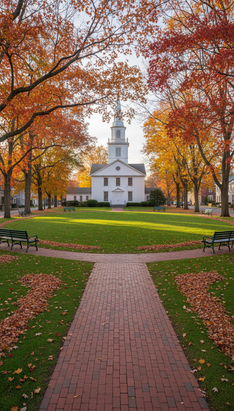 An immaculate town green with well-kept grass and a historic white meetinghouse in the background, surrounded by cheerful autumn foliage in deep reds and golds. The environment feels calm and organized, with scattered park benches and a tidy brick walkway leading toward the building. Early morning light filters softly through the trees, creating gentle shadows and illuminating crisp details of the setting. The mood is peaceful, community oriented, and evokes a sense of local heritage. Framed with a slight overhead angle for both breadth and intimacy, rendered in realistic, clean, and composed style.