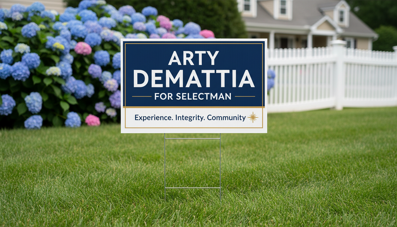 A meticulously designed campaign yard sign for "Arty DeMattia for Selectman" staked in a manicured suburban lawn. The sign features bold, navy blue and crisp white colors, with subtle gold accents and clean, modern typography, surrounded by blooming hydrangeas and a white picket fence. Soft overcast daylight creates a neutral, shadow-free ambiance, allowing the sign's message to stand out clearly. The mood is optimistic and forward-thinking, shot from a low, slightly angled perspective with sharp focus on the sign and gentle background blur for emphasis. The style is visually crisp and professional, making it ideal for political campaign promotion.